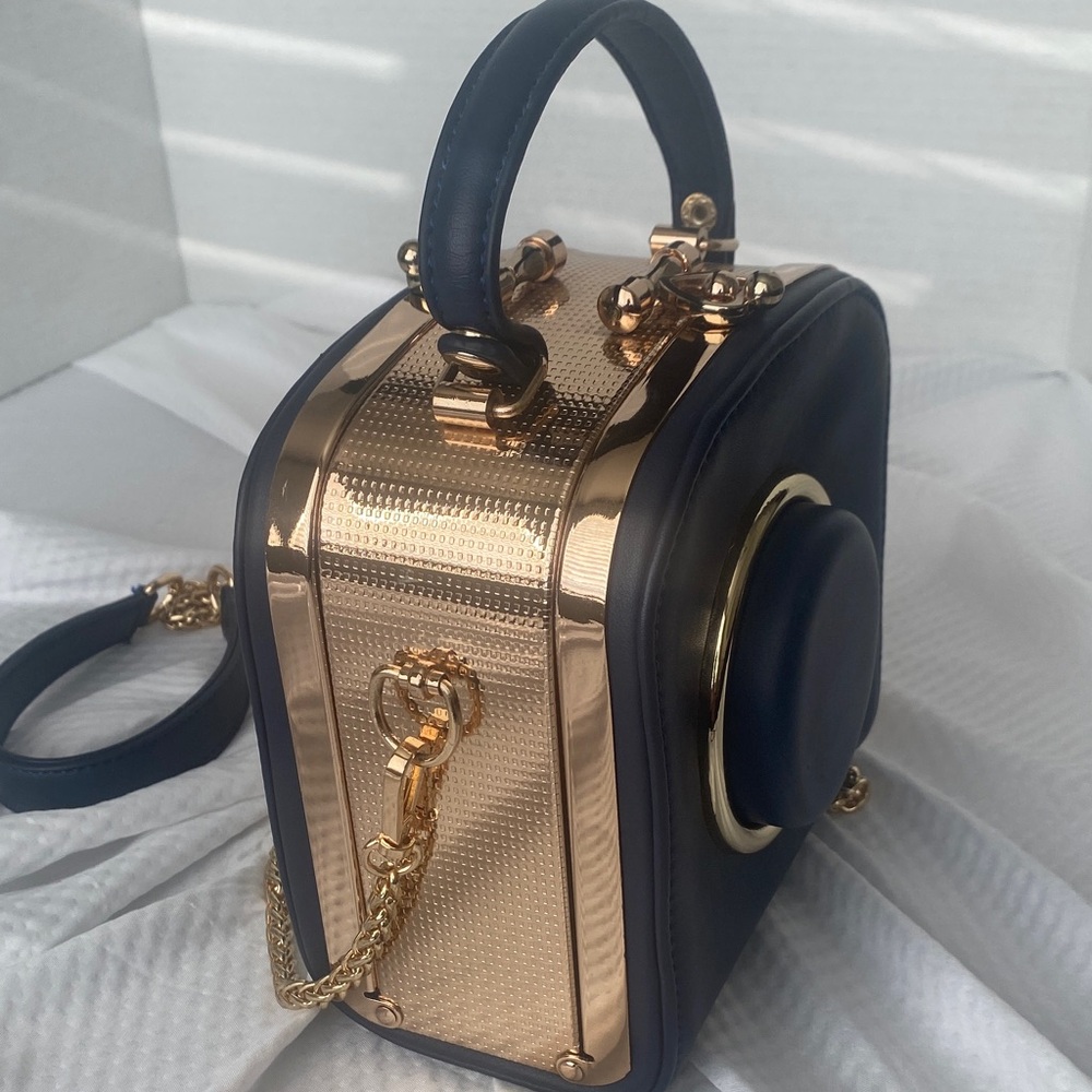 Camera Purse Elegant Navy Blue and Gold Women's Mini Handbag NWOT - Picture 11 of 14